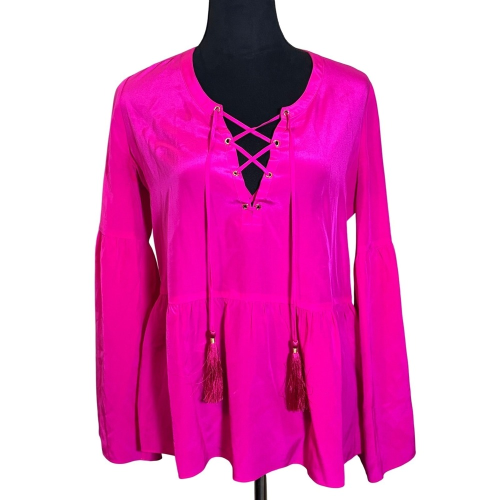 Lilly Pulitzer Pink 100% Silk Lace Up Tassel Peplum Bell Sleeve Blouse Womens S